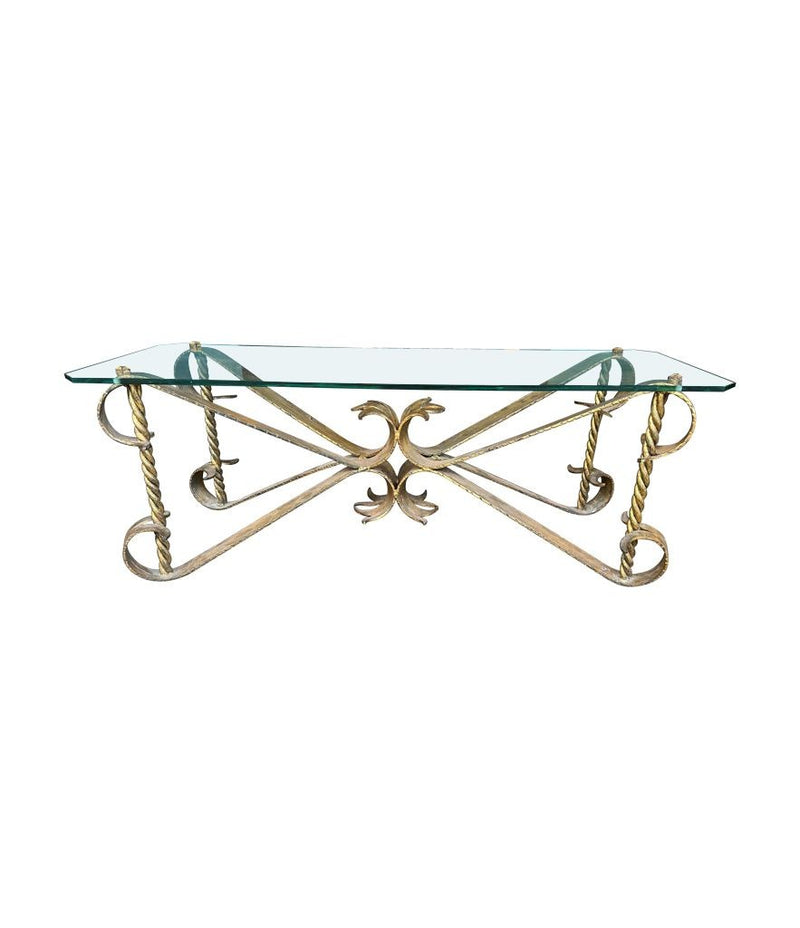 Mid Century coffee table gilt wrought iron with thick glass top, Spanish 1950s