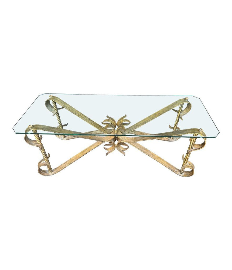 Mid Century coffee table gilt wrought iron with thick glass top, Spanish 1950s