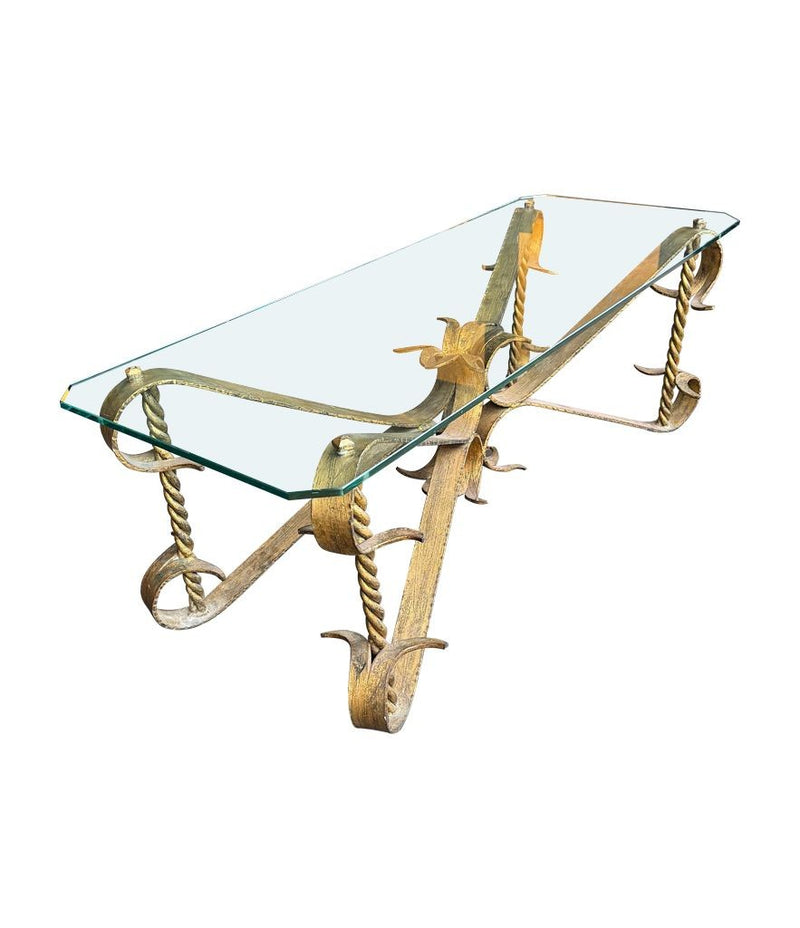 Mid Century coffee table gilt wrought iron with thick glass top, Spanish 1950s