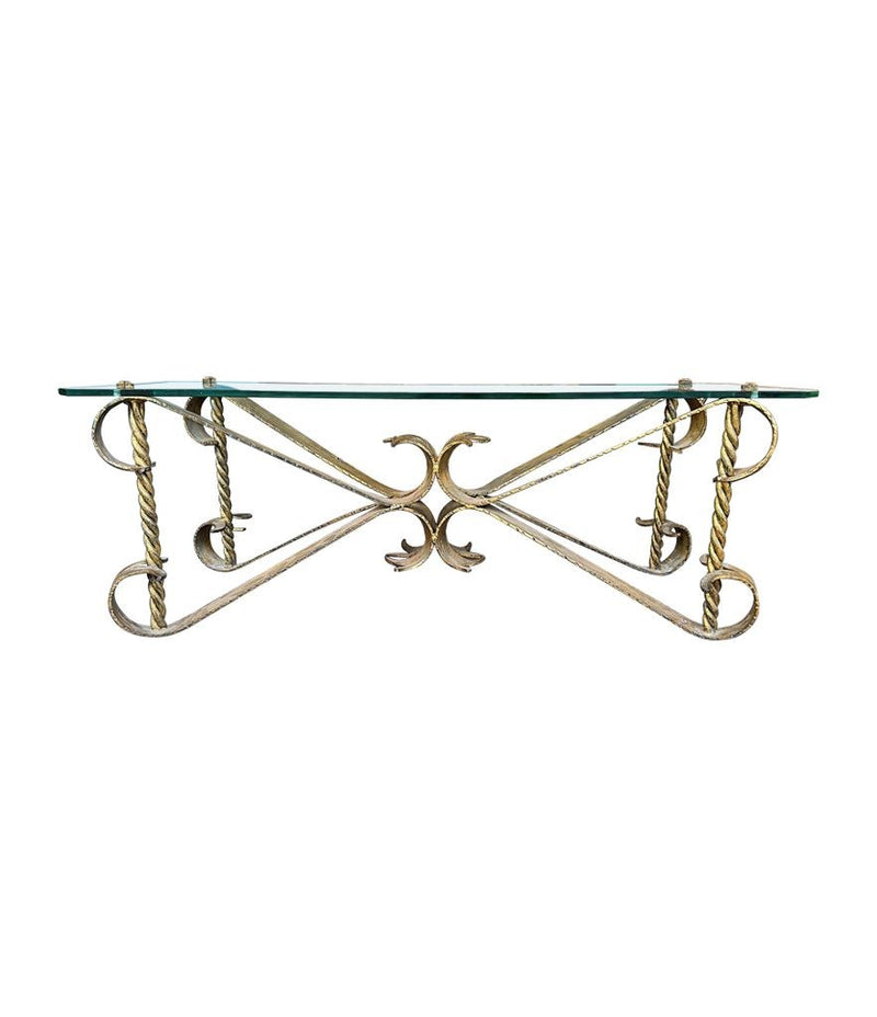 Mid Century coffee table gilt wrought iron with thick glass top, Spanish 1950s