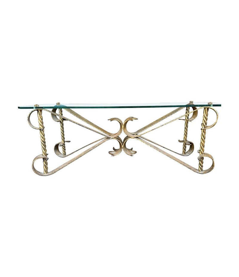 Mid Century coffee table gilt wrought iron with thick glass top, Spanish 1950s