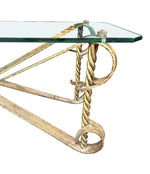Mid Century coffee table gilt wrought iron with thick glass top, Spanish 1950s