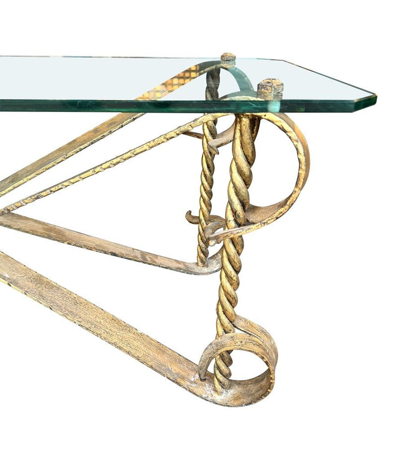 Mid Century coffee table gilt wrought iron with thick glass top, Spanish 1950s