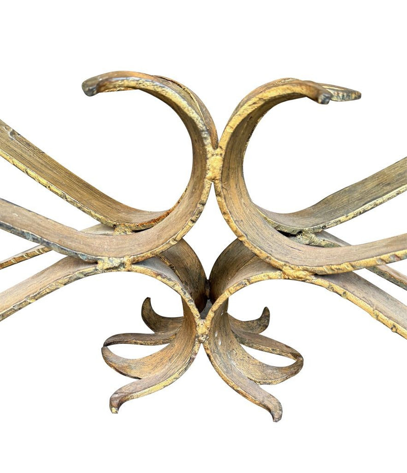 Mid Century coffee table gilt wrought iron with thick glass top, Spanish 1950s