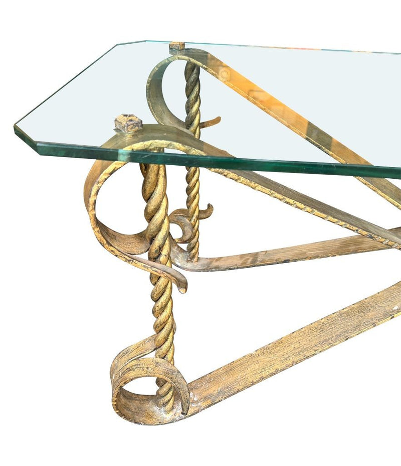 Mid Century coffee table gilt wrought iron with thick glass top, Spanish 1950s