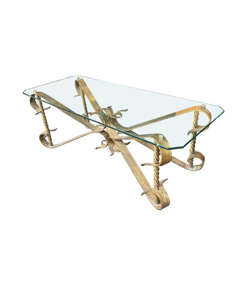 Mid Century coffee table gilt wrought iron with thick glass top, Spanish 1950s