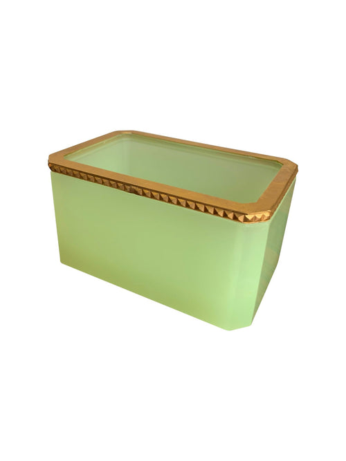 A green opaline jewellery box with gilt metal edging dating from the 1950s made by Murano