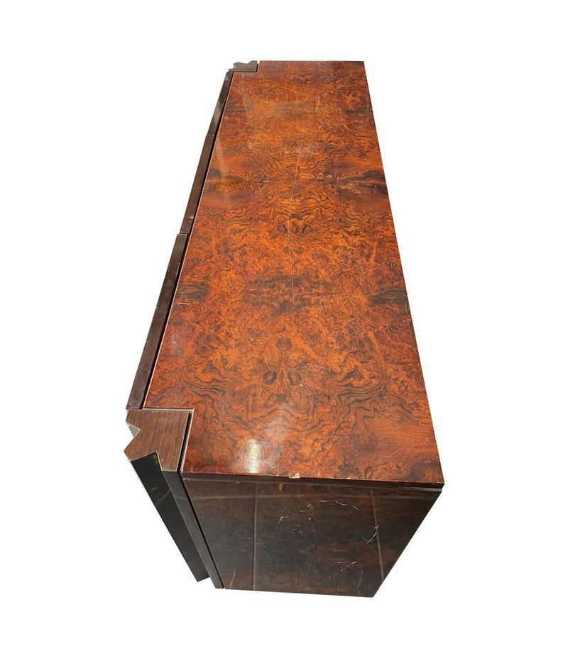 A Luciano Frigerio credenza sideboard with burl-wood top and geometric patterned doors - Mid Century Sideboard