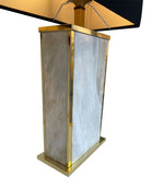 A pair of Italian 1970s Carrera Marble table lamps with gilt metal trim and new bespoke black and gold shades