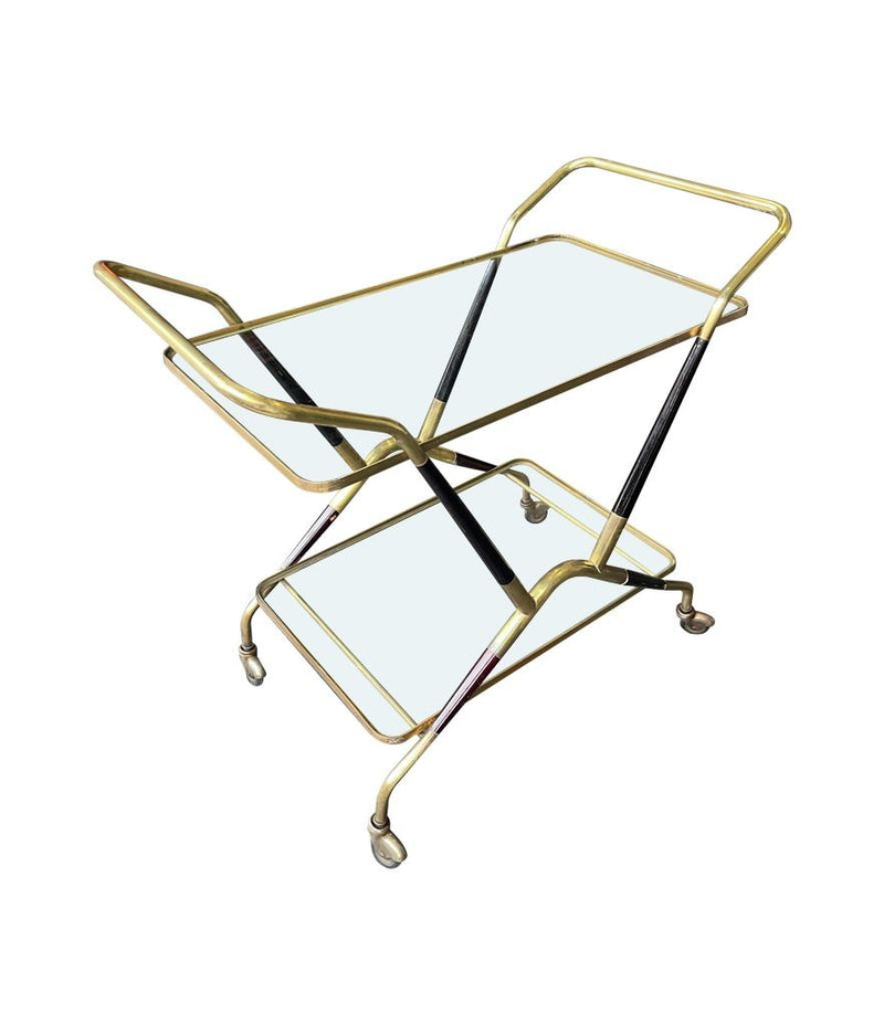 A 1950S BLACK LACQUER AND BRASS BAR CART / TROLLEY BY CESARE LACCA