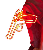 A fantastic original Chris Bracey neon art sculpture of Jesus with neon guns, halo and title on the base “I'll Be Back"