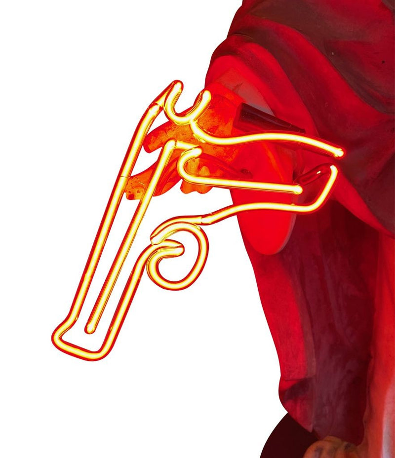 A fantastic original Chris Bracey neon art sculpture of Jesus with neon guns, halo and title on the base “I'll Be Back"