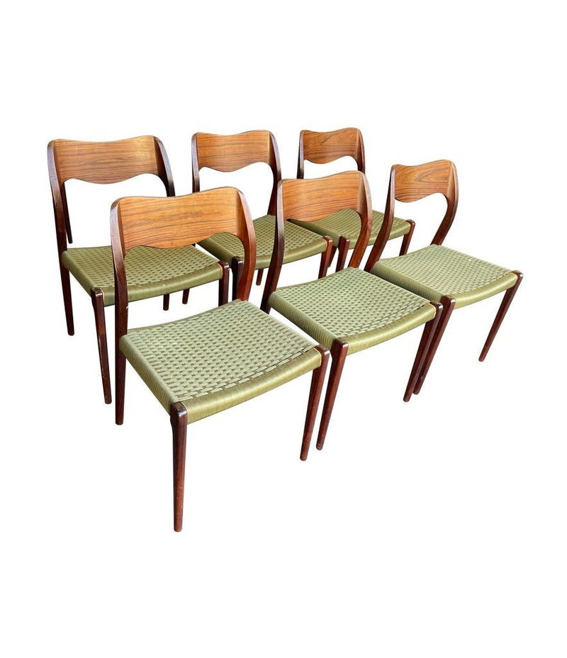 6 1950s Moller 71 Chairs Rosewood Green Strung Seat - Mid Century Chairs - Ed Butcher Antiques