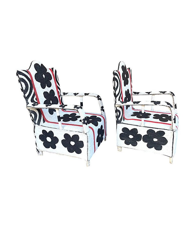 Pair of Yoruba beaded armchairs inttricately beaded in black, red and white beads - Mid Century Furniture - Ed Butcher - Antiques Shop London