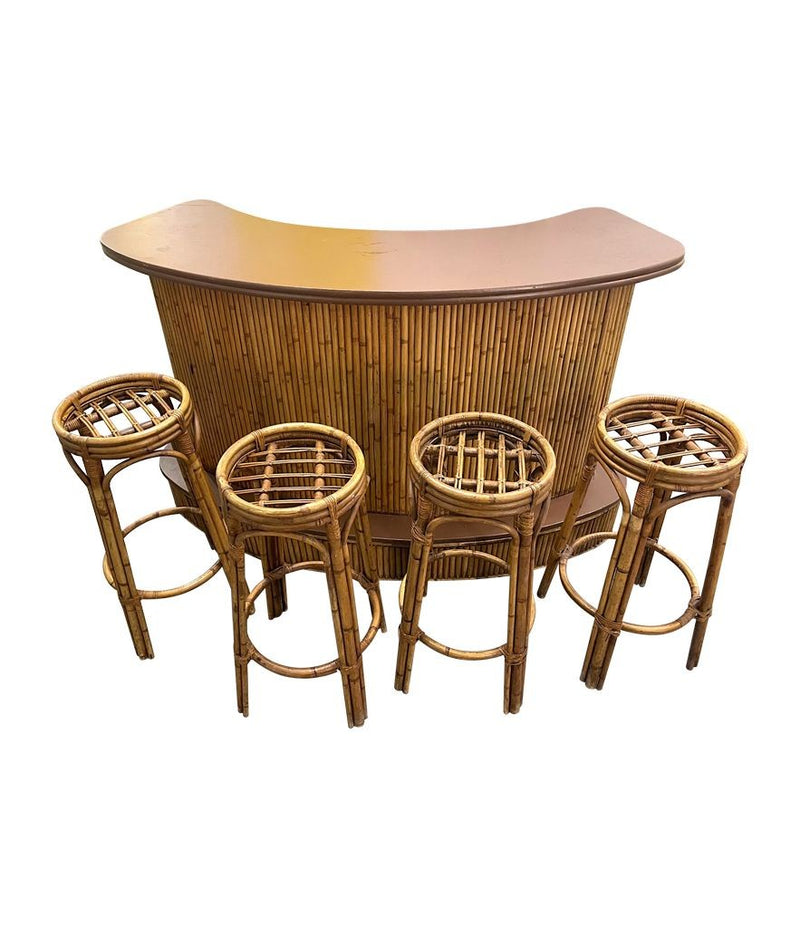 French 1970s bamboo bar with four original matching bamboo bar stools - Vintage Bar - Mid Century Bar