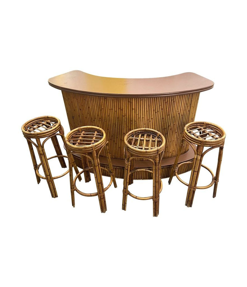 French 1970s bamboo bar with four original matching bamboo bar stools - Vintage Bar - Mid Century Bar