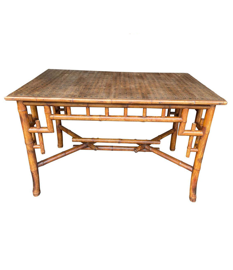 1920S FRENCH CHINOISERIE BAMBOO TABLE WITH ORIGNAL RATTAN WOVEN TOP