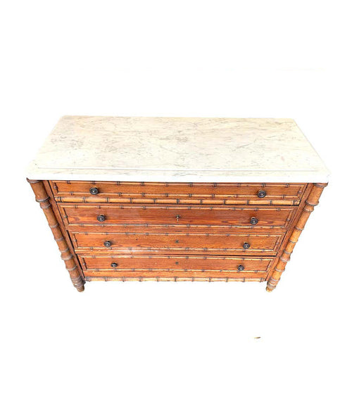 1920S FRENCH FAUX BAMBOO FOUR-DRAWER CHEST OF DRAWERS WITH ORIGNAL MARBLE TOP