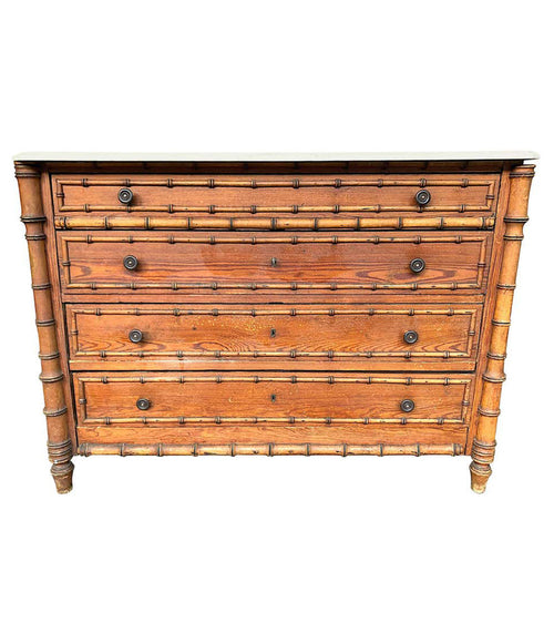 1920S FRENCH FAUX BAMBOO FOUR-DRAWER CHEST OF DRAWERS WITH ORIGNAL MARBLE TOP