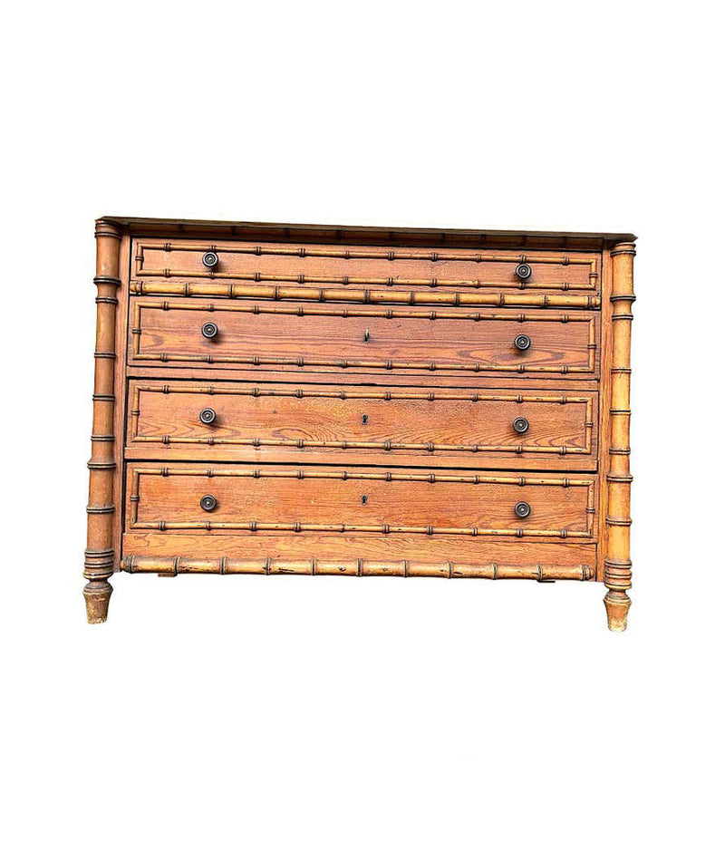 1920S FRENCH FAUX BAMBOO FOUR-DRAWER CHEST OF DRAWERS WITH ORIGNAL MARBLE TOP