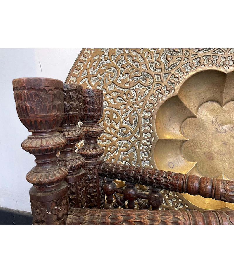 1920S MOROCCAN CARVED WOODEN FOLDING TABLE WITH BEAUTIFUL HAMMERED BRASS TOP