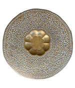 1920S MOROCCAN CARVED WOODEN FOLDING TABLE WITH BEAUTIFUL HAMMERED BRASS TOP