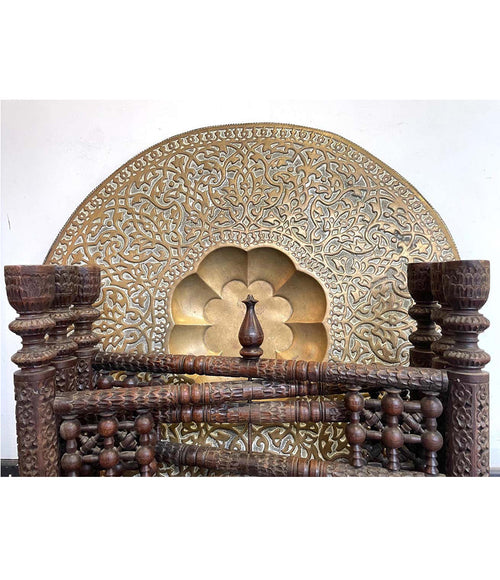 1920S MOROCCAN CARVED WOODEN FOLDING TABLE WITH BEAUTIFUL HAMMERED BRASS TOP
