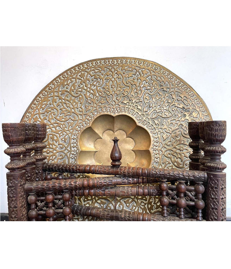 1920S MOROCCAN CARVED WOODEN FOLDING TABLE WITH BEAUTIFUL HAMMERED BRASS TOP