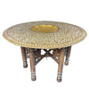 1920S MOROCCAN CARVED WOODEN FOLDING TABLE WITH BEAUTIFUL HAMMERED BRASS TOP