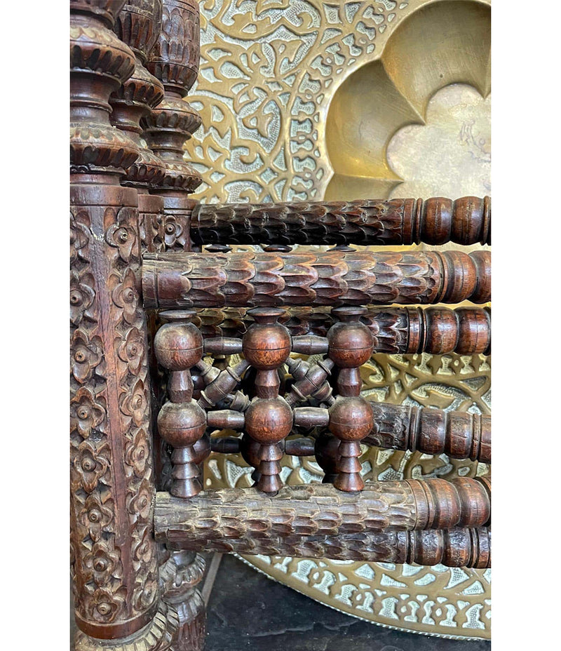 1920S MOROCCAN CARVED WOODEN FOLDING TABLE WITH BEAUTIFUL HAMMERED BRASS TOP
