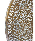 1920S MOROCCAN CARVED WOODEN FOLDING TABLE WITH BEAUTIFUL HAMMERED BRASS TOP