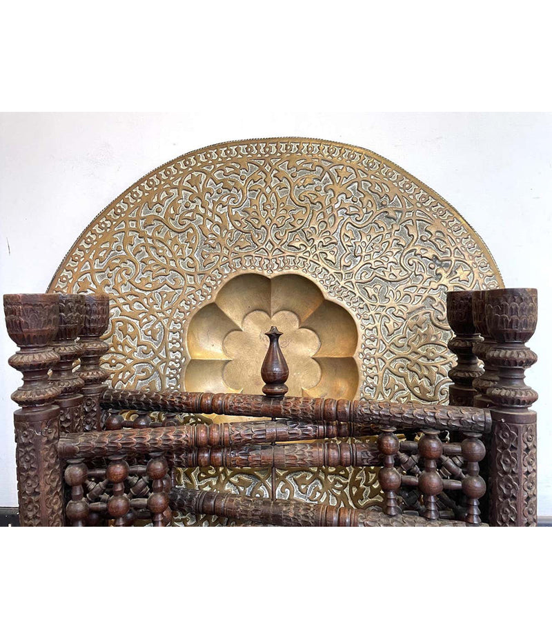 1920S MOROCCAN CARVED WOODEN FOLDING TABLE WITH BEAUTIFUL HAMMERED BRASS TOP