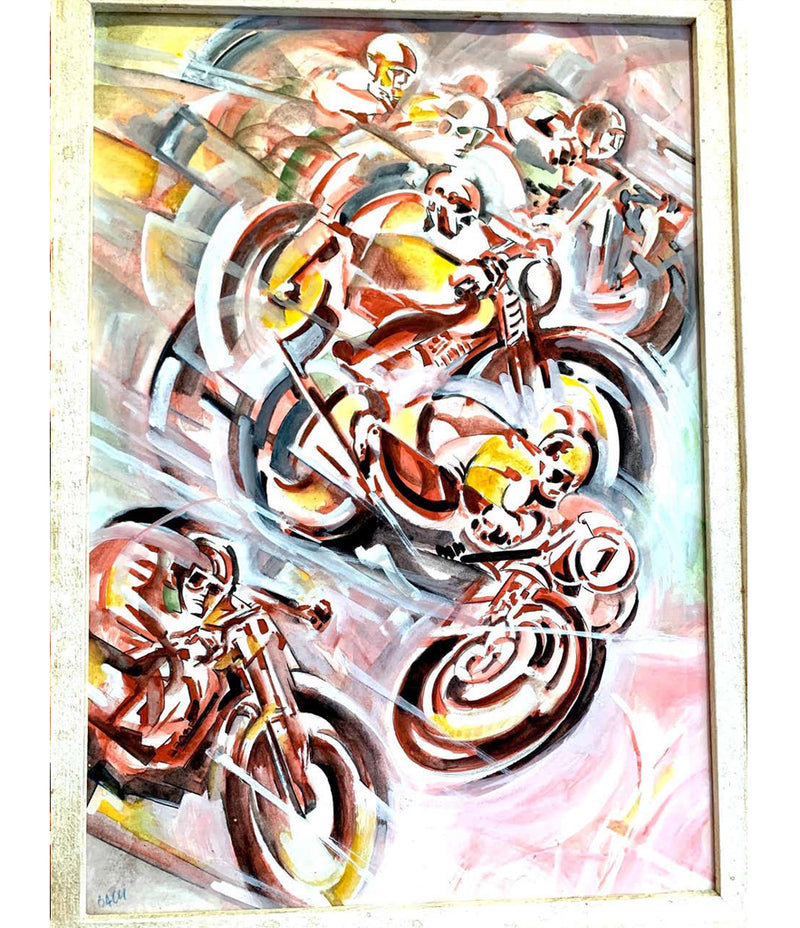 1930S FUTURIST WATERCOLOR OF A MOTORBIKE RACE BY ITALIAN ARTIST ARIS BACCI