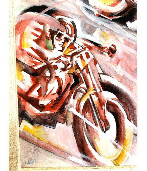 1930S FUTURIST WATERCOLOR OF A MOTORBIKE RACE BY ITALIAN ARTIST ARIS BACCI