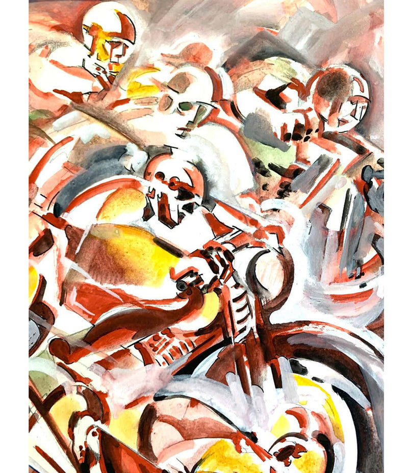 1930S FUTURIST WATERCOLOR OF A MOTORBIKE RACE BY ITALIAN ARTIST ARIS BACCI