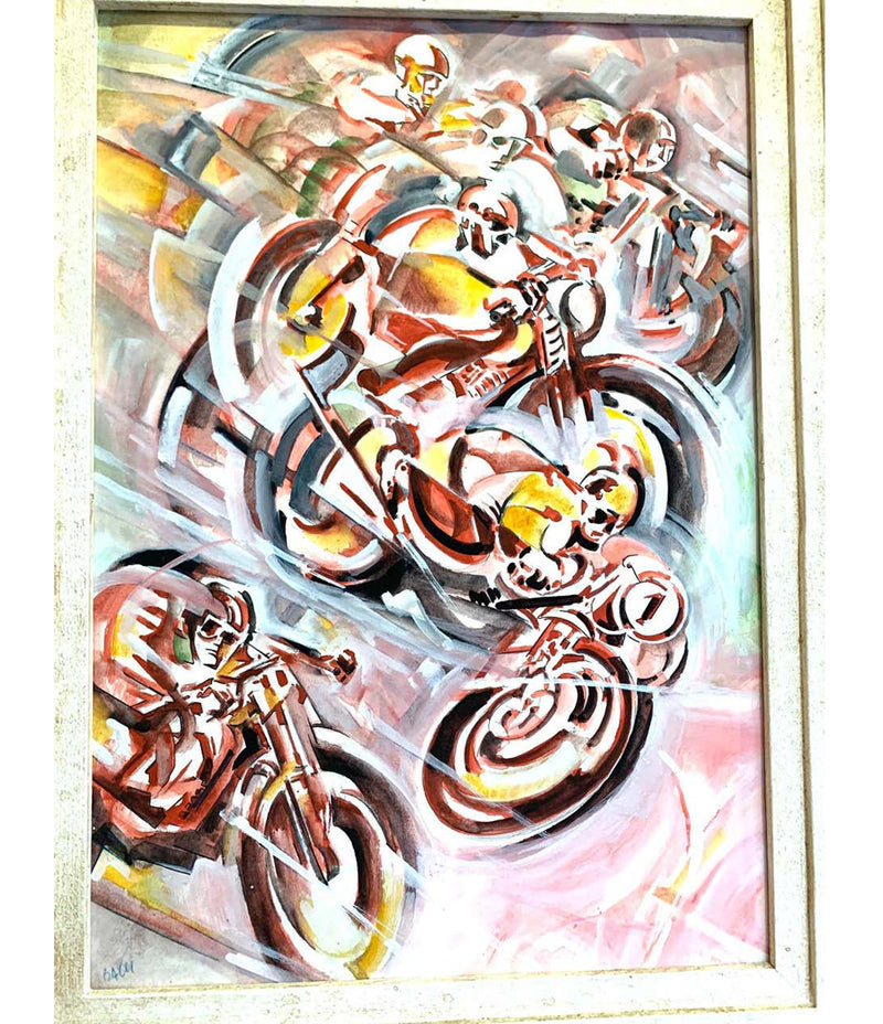 1930S FUTURIST WATERCOLOR OF A MOTORBIKE RACE BY ITALIAN ARTIST ARIS BACCI