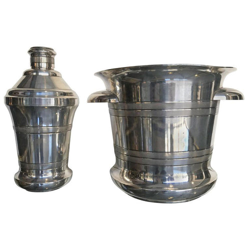 1930S MATCHING SILVER PLATED CHAMPAGNE COOLER AND COCKTAIL SHAKER