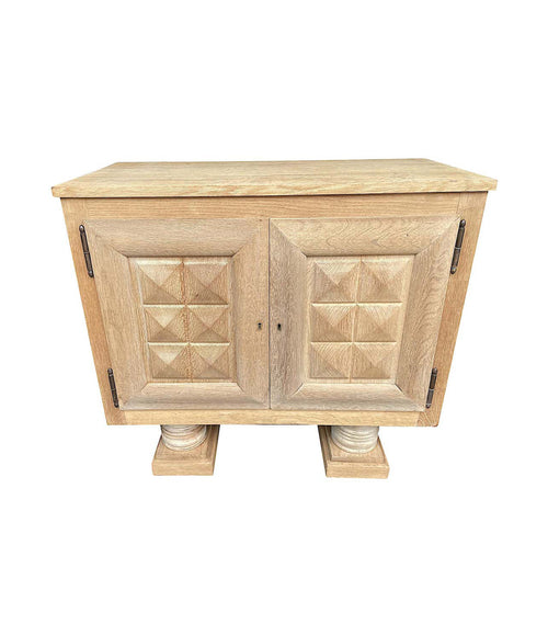 1940S OAK SIDE CABINET BY CHARLES DUDOUYT WITH CARVED GEOMETRIC FRONT DOORS