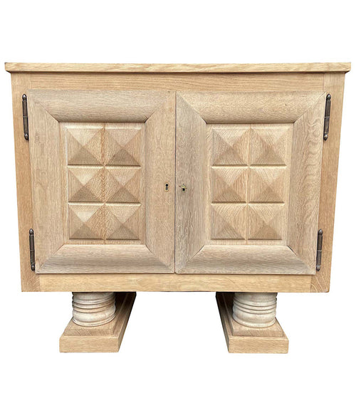 1940S OAK SIDE CABINET BY CHARLES DUDOUYT WITH CARVED GEOMETRIC FRONT DOORS