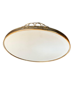 1950S ITALIAN CIRCULAR MIRROR WITH BEVELLED GLASS, BRASS FRAME AND TOP DETAIL