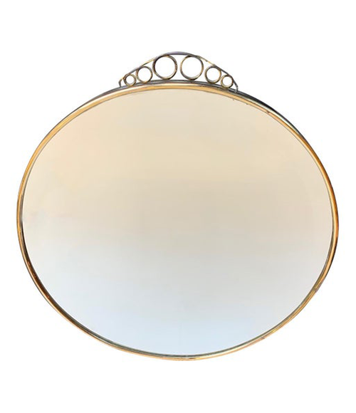 1950S ITALIAN CIRCULAR MIRROR WITH BEVELLED GLASS, BRASS FRAME AND TOP DETAIL