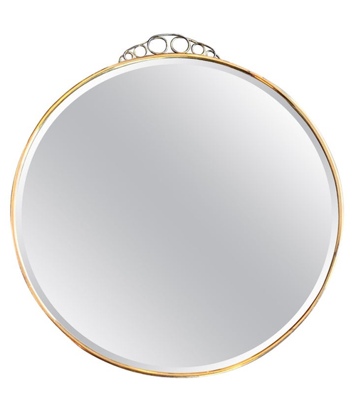 1950S ITALIAN CIRCULAR MIRROR WITH BEVELLED GLASS, BRASS FRAME AND TOP DETAIL