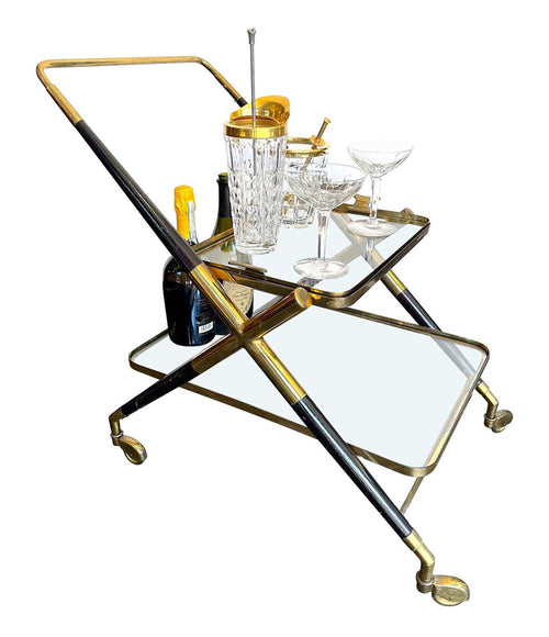 1950S CESARE LACCA BRASS AND BLACK LACQUER BAR TROLLEY WITH REMOVABLE TRAY