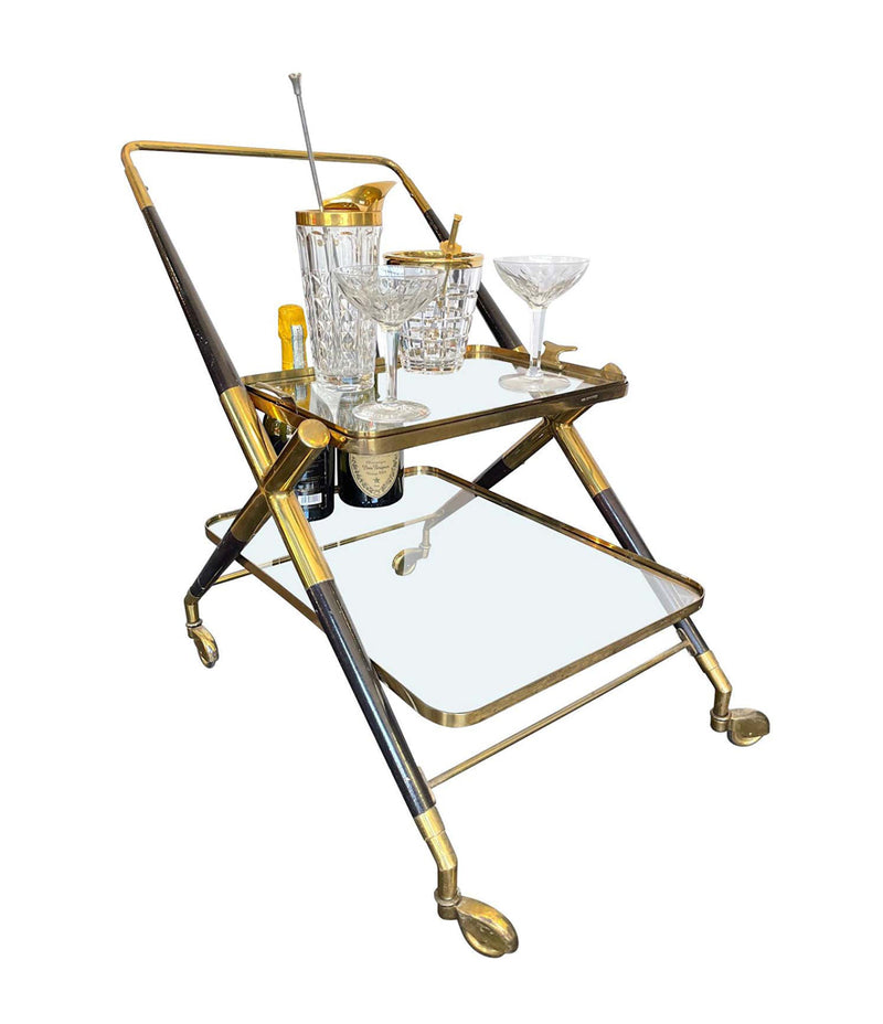 1950S CESARE LACCA BRASS AND BLACK LACQUER BAR TROLLEY WITH REMOVABLE TRAY