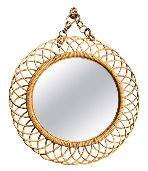 1950S ORIGNAL ITALIAN CIRCULAR BAMBOO MIRROR BY FRANCO ALBINI ON BAMBOO CHAIN