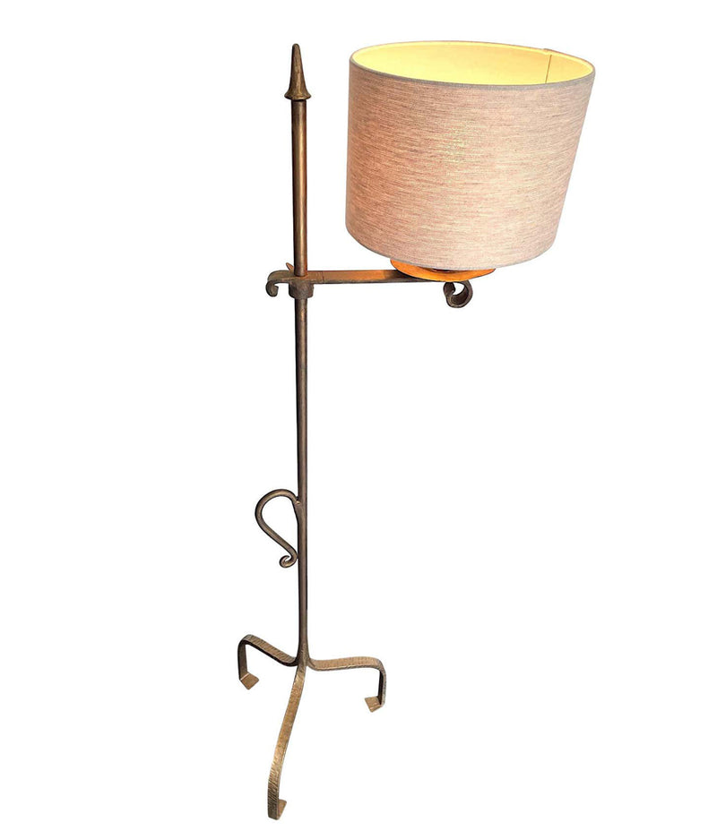 Mid Century floor lamp gilt wrought iron adjustable base and linen shade - Mid Century Lighting