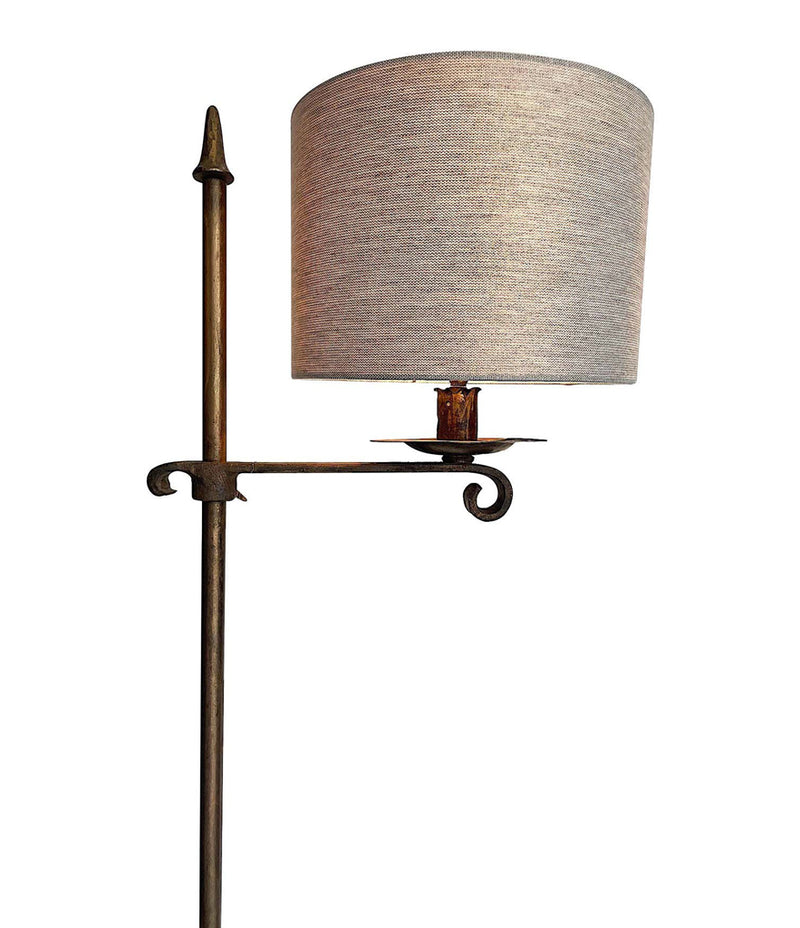Mid Century floor lamp gilt wrought iron adjustable base and linen shade - Mid Century Lighting