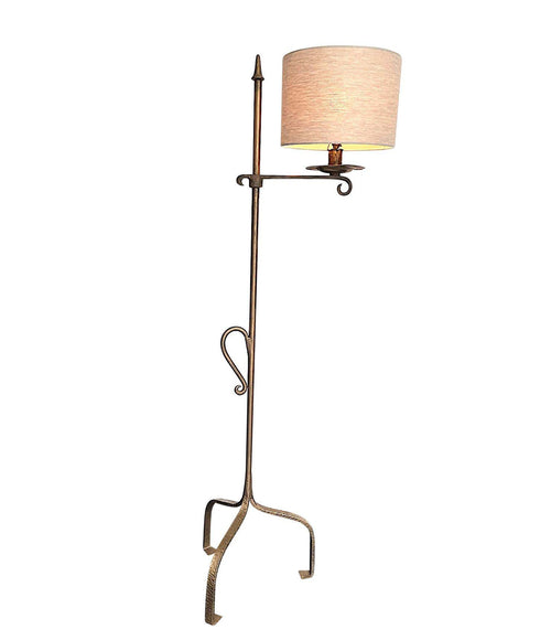 Mid Century floor lamp gilt wrought iron adjustable base and linen shade - Mid Century Lighting