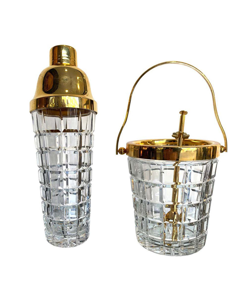 1950S VAL ST LAMBERT CRYSTAL AND GOLD-PLATED COCKTAIL SHAKER AND ICE BUCKET
