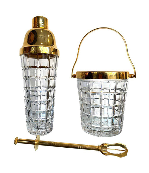 1950S VAL ST LAMBERT CRYSTAL AND GOLD-PLATED COCKTAIL SHAKER AND ICE BUCKET